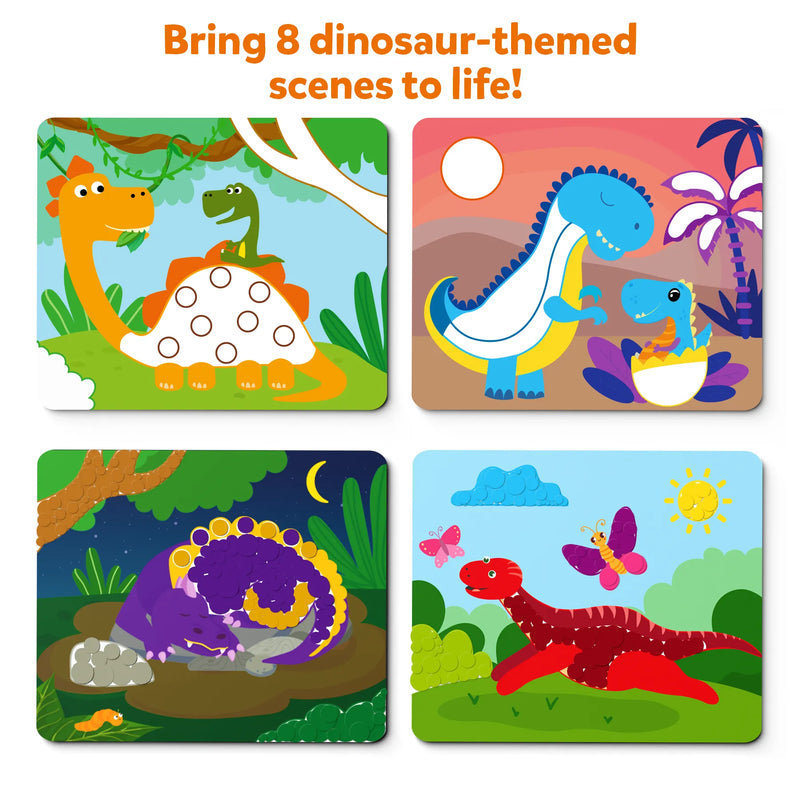 Four colorful dinosaur-themed dot activity scenes showing various cartoon dinosaurs in different environments