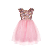 Pink sequined dress with tulle skirt and cap sleeves on white background