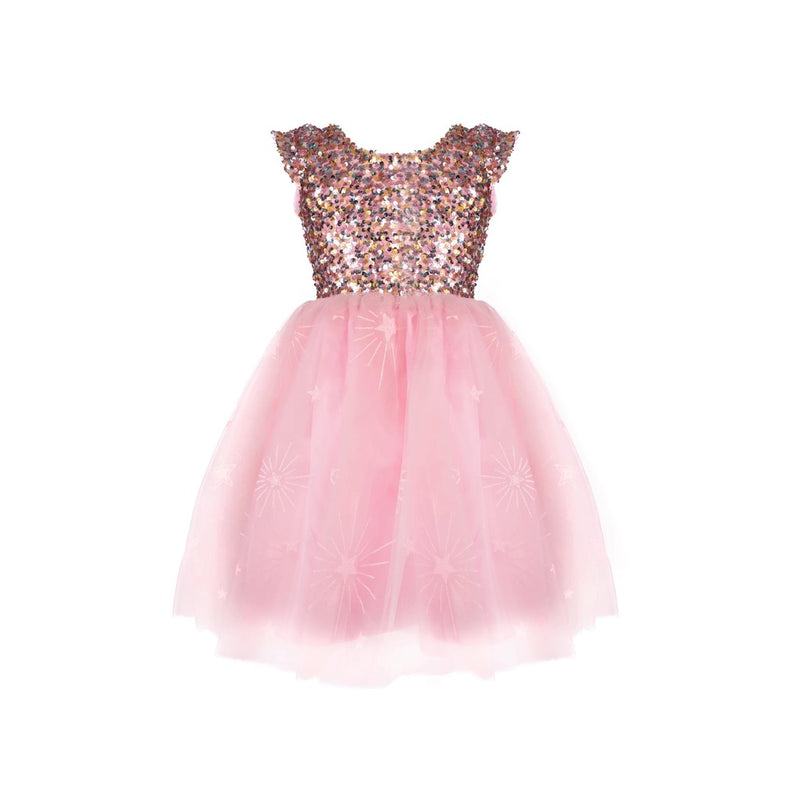 Pink sequined dress with tulle skirt and cap sleeves on white background