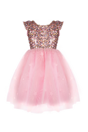 Pink sequined dress with tulle skirt and cap sleeves on white background