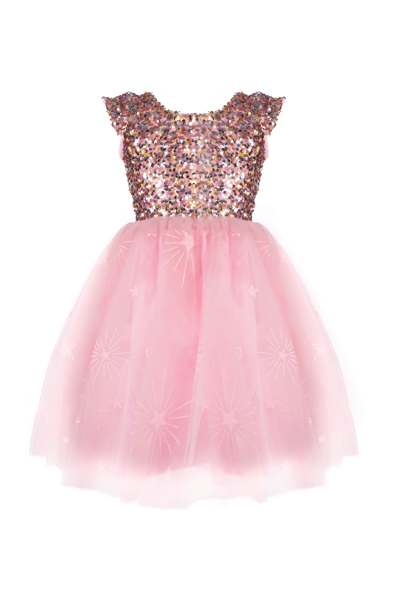 Pink sequined dress with tulle skirt and cap sleeves on white background