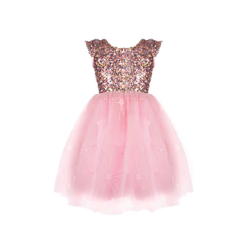 Pink sequined dress with tulle skirt and cap sleeves on white background