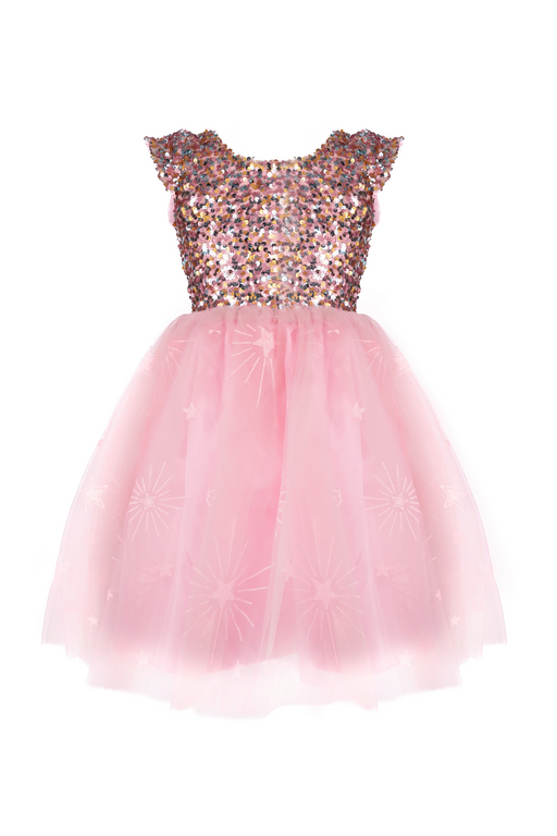 Pink sequined dress with tulle skirt and cap sleeves on white background