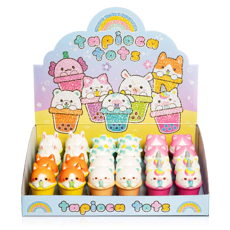 Tapioca Tots Mini Squishy display box with cute animal-shaped bubble tea squishies in colorful cups