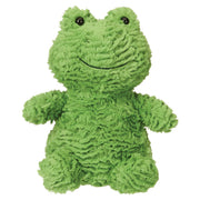 Green plush frog stuffed animal with textured fur and embroidered smile