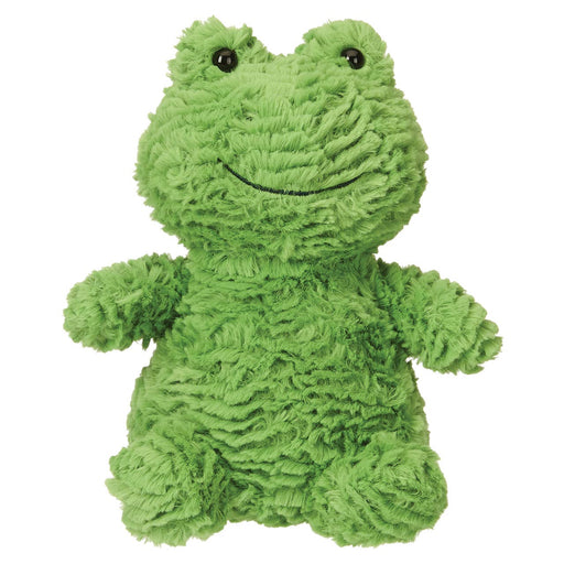Green plush frog stuffed animal with textured fur and embroidered smile