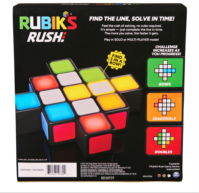 Rubiks Rush gameplay guide showing rows, diagonals, doubles, and solo or multiplayer modes