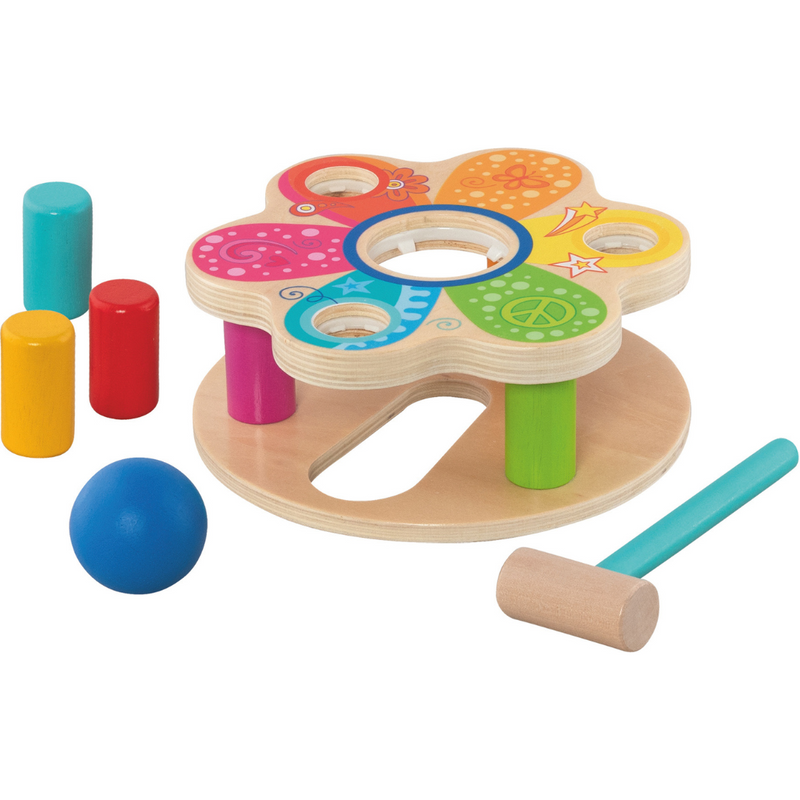 Colorful wooden hammer bench toy with pegs, ball, and mallet on white background