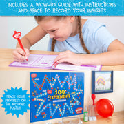 Child using Wow in the World 100 Experiments kit with workbook and progress poster