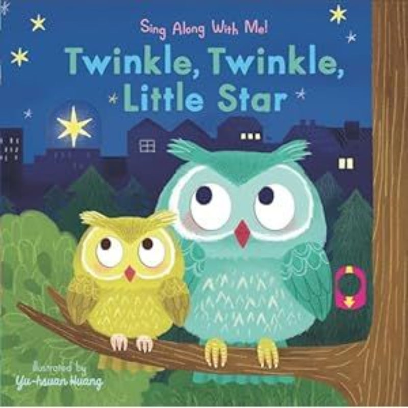 Twinkle Twinkle Little Star children's book cover with two owls on branch under starry night sky.