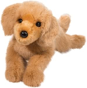 Golden retriever plush toy with soft tan fur on white background