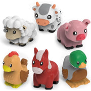 Six colorful barnyard animal bath toys including cow pig sheep duck horse mallard