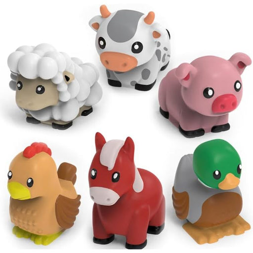 Six colorful barnyard animal bath toys including cow pig sheep duck horse mallard