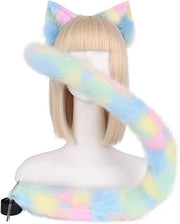 Rainbow furry cat ears headband with matching tail shown on model with blonde wig