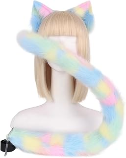 Rainbow furry cat ears headband with matching tail shown on model with blonde wig