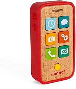 Red wooden toy smartphone with colorful app icons on screen by Janod