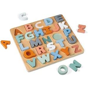Wooden alphabet puzzle with colorful 3D letters on clean white background