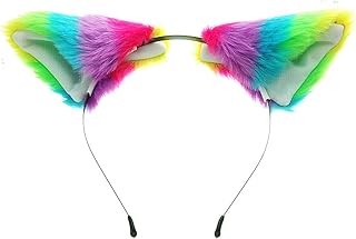 Rainbow colored furry cat ear headband with multicolored fluffy ears on black band