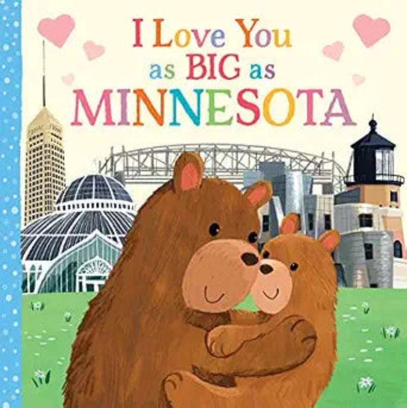 Children's board book cover featuring two bears hugging with Minnesota landmarks in background