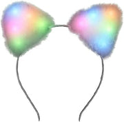 Rainbow colored furry cat ear headband with multicolored fuzzy ears on black headband