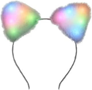 Rainbow colored furry cat ear headband with multicolored fuzzy ears on black headband