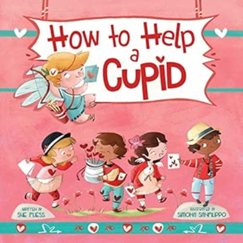 Children's book cover How to Help a Cupid showing cartoon cupid and kids on pink background.