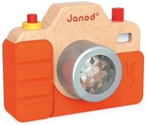 Janod wooden toy camera with orange and beige design and kaleidoscope lens