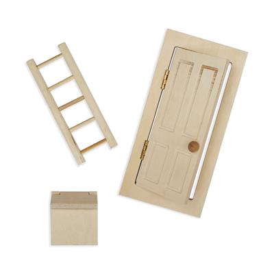 Natural wood furniture kit with door, ladder and small box on white background