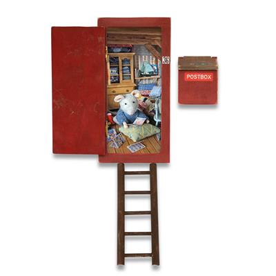 Red miniature mouse door furniture kit with ladder and tiny postbox