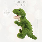 Green plush T-Rex dinosaur toy with white belly and text overlay showing 16 inch size
