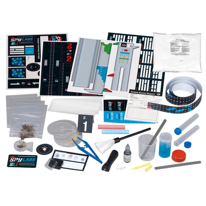 Complete spy detective kit with tools, evidence bags, fingerprint supplies and investigation materials laid out