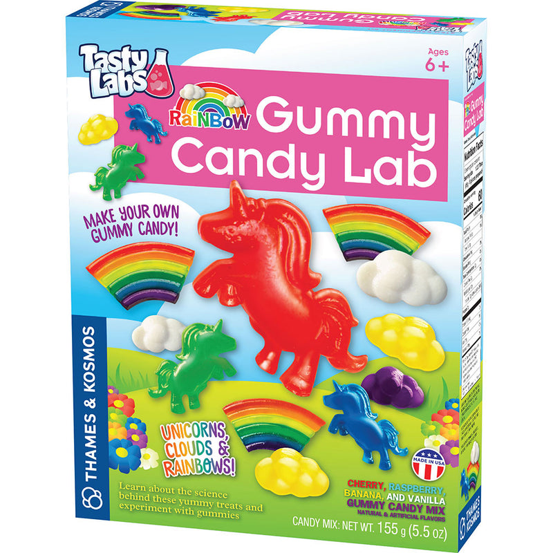 Thames & Kosmos Rainbow Gummy Candy Lab kit box showing colorful unicorn and rainbow gummies