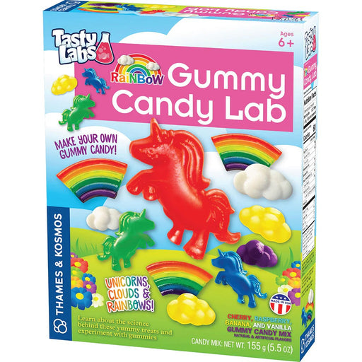 Thames & Kosmos Rainbow Gummy Candy Lab kit box showing colorful unicorn and rainbow gummies