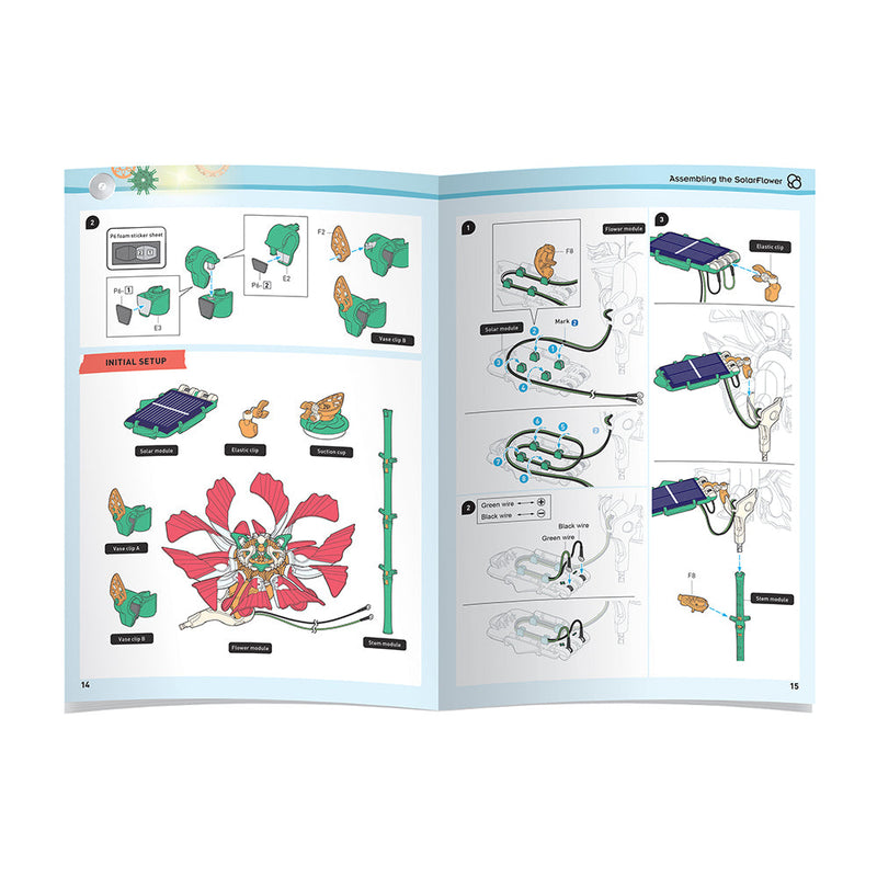 SolarFlower assembly instruction manual showing ruby red flower construction steps and components