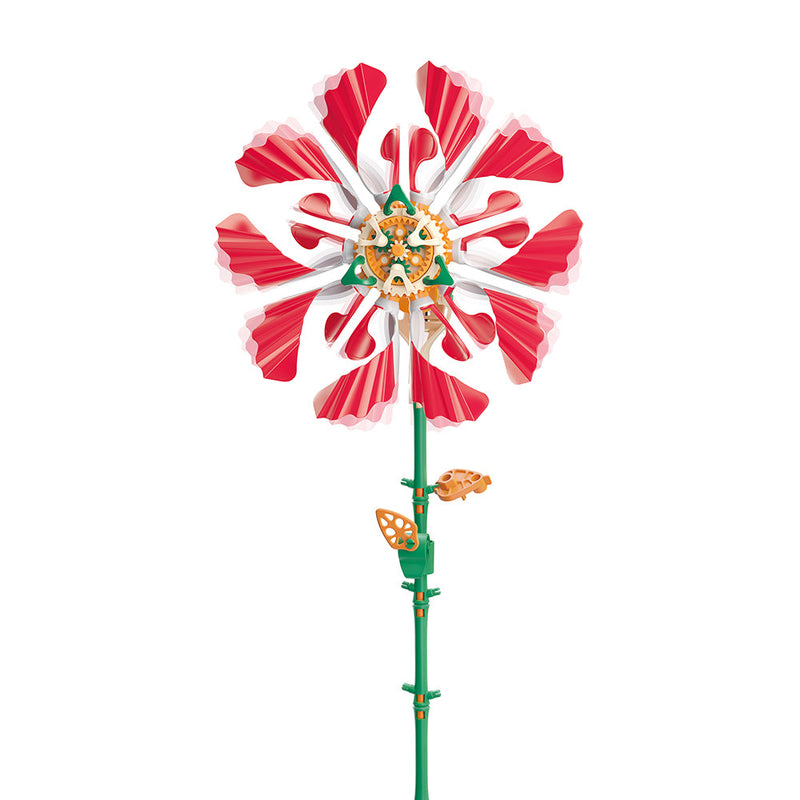 Solar-powered flower with red and white rippled petals on green stem