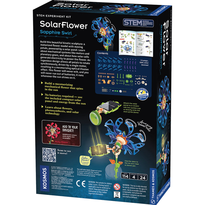 Thames & Kosmos SolarFlower Sapphire Swirl STEM experiment kit packaging showing blue motorized flower
