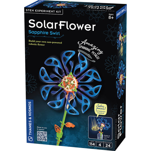SolarFlower Sapphire Swirl STEM kit box showing blue spinning solar-powered flower