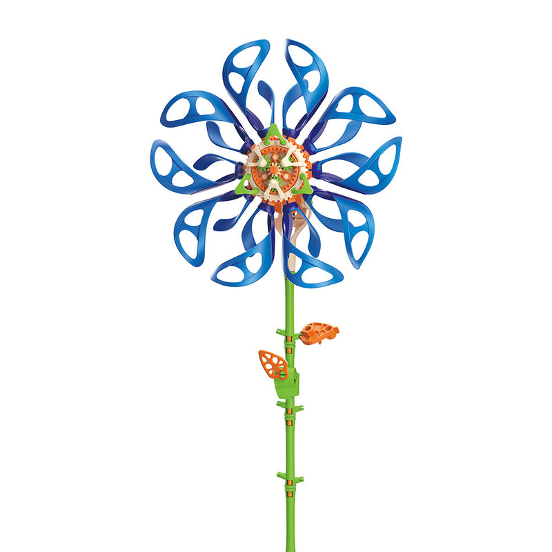 Blue wind-powered kinetic flower spinner with green stem and decorative elements