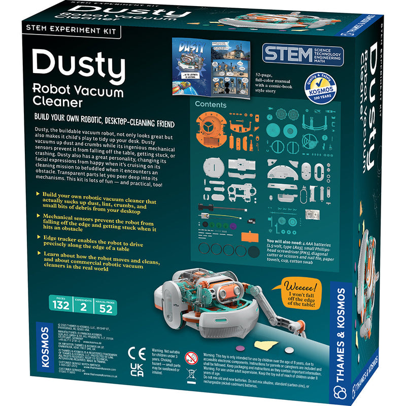 Dusty Robot Vacuum Cleaner STEM kit packaging showing contents and assembled robot