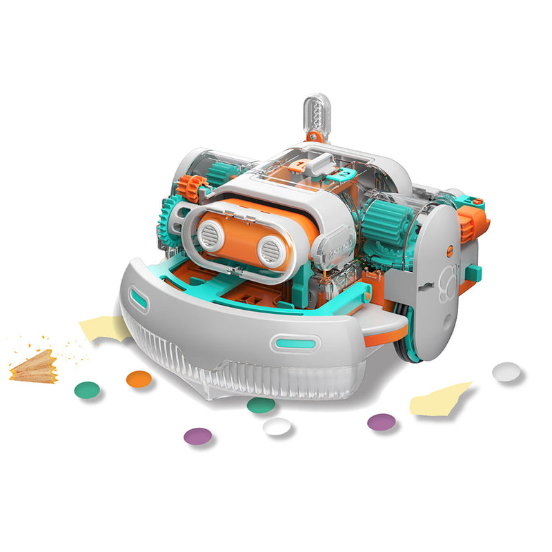 Dusty robot vacuum cleaner educational toy with transparent casing showing internal components