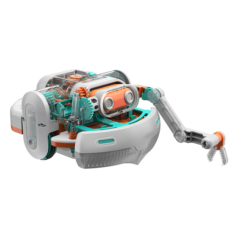 Cutaway view of Dusty robot vacuum showing internal components and robotic arm