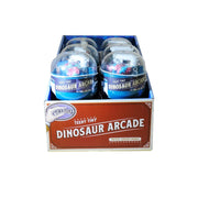 Box of six Teeny Tiny Dinosaur Arcade toys in clear domes with colorful contents