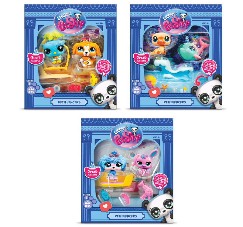 Littlest Pet Shop Petfluencers Series 1 assortment showing three different 2-pet playsets
