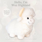 White plush Highland cow stuffed animal named Wuz Highland on white background with ruler