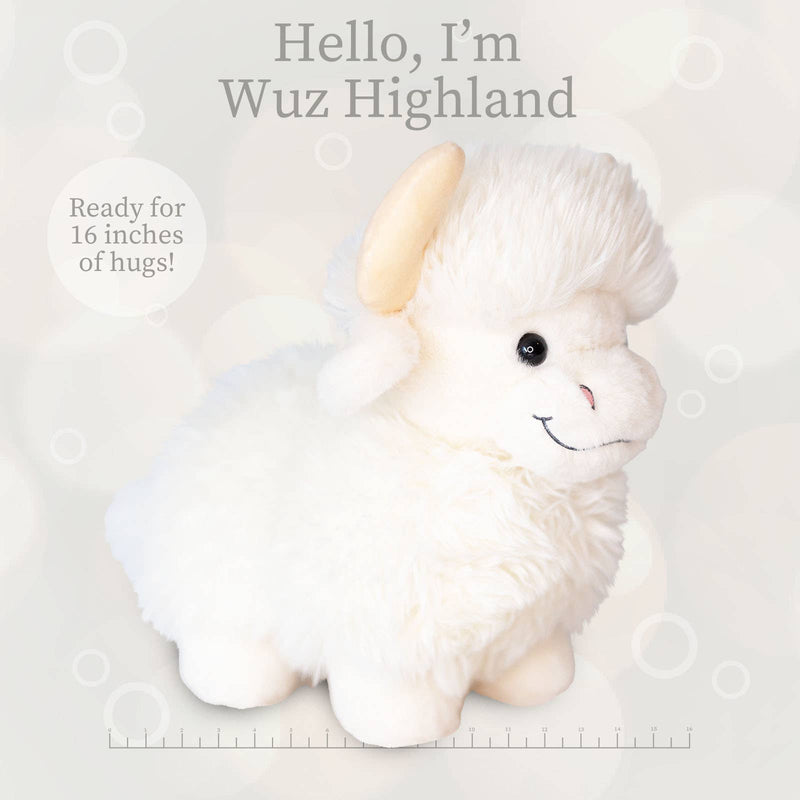 White plush Highland cow stuffed animal named Wuz Highland on white background with ruler