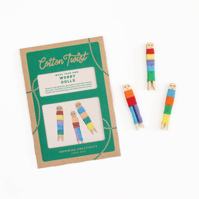 Cotton Twist Make Your Own Worry Dolls craft kit with packaging and completed dolls