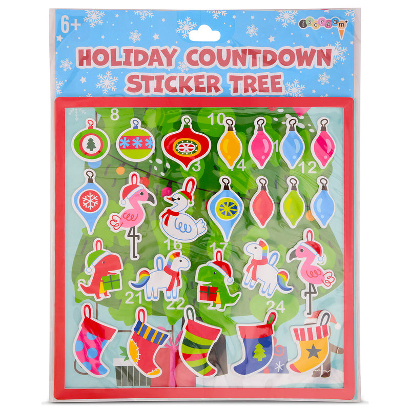 Holiday Countdown Sticker Tree package with Christmas ornament and stocking stickers for ages 6+