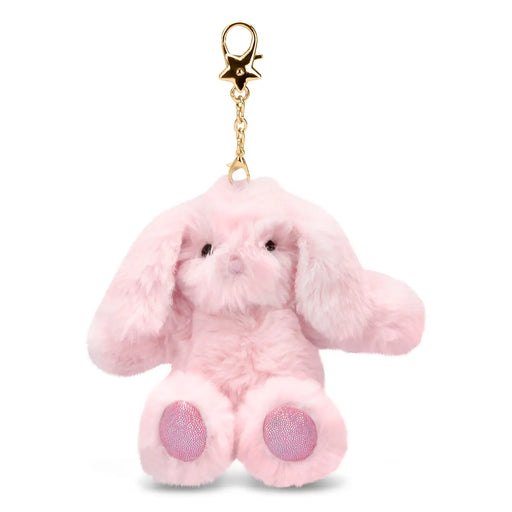 Pink plush bunny keychain charm with gold clasp and sparkly paw pads