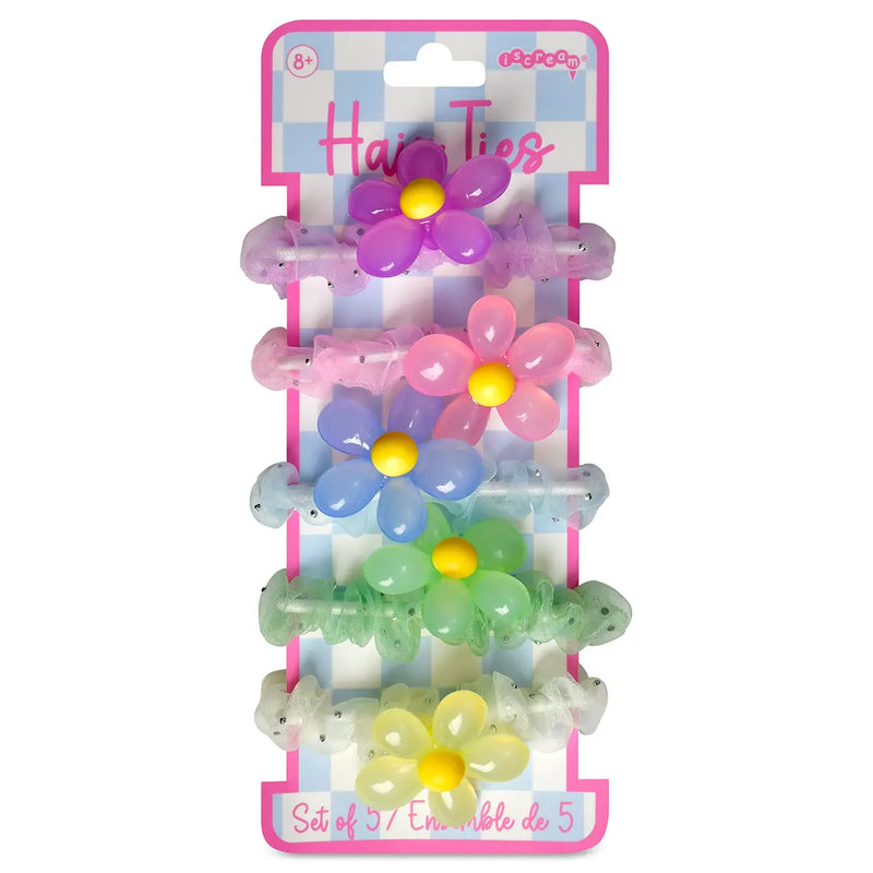 Set of 5 colorful flower hair ties on retail packaging card