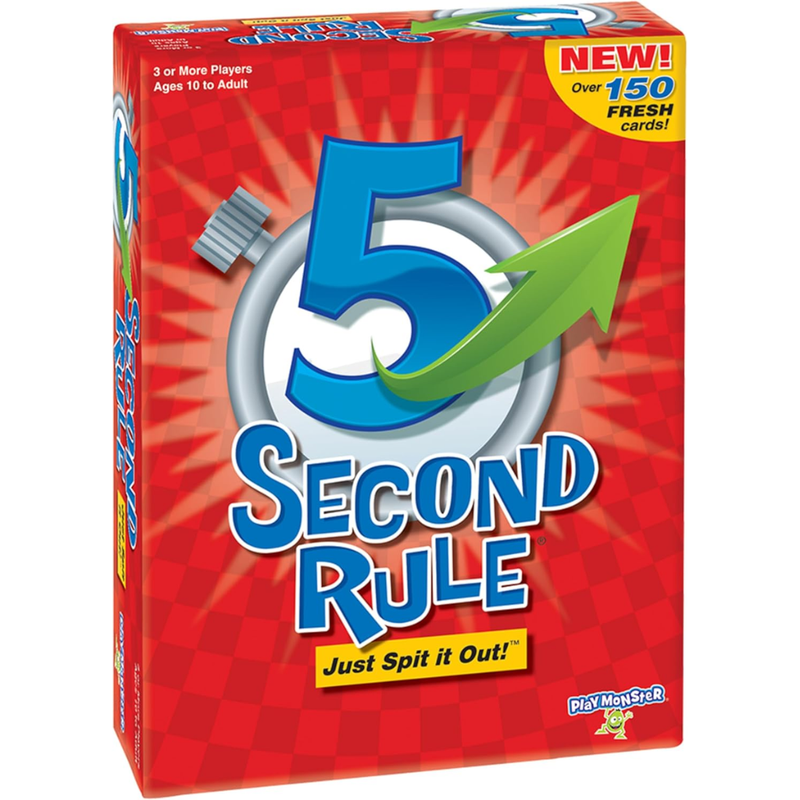 Board game box for '5 Second Rule' with red background and blue and green text.